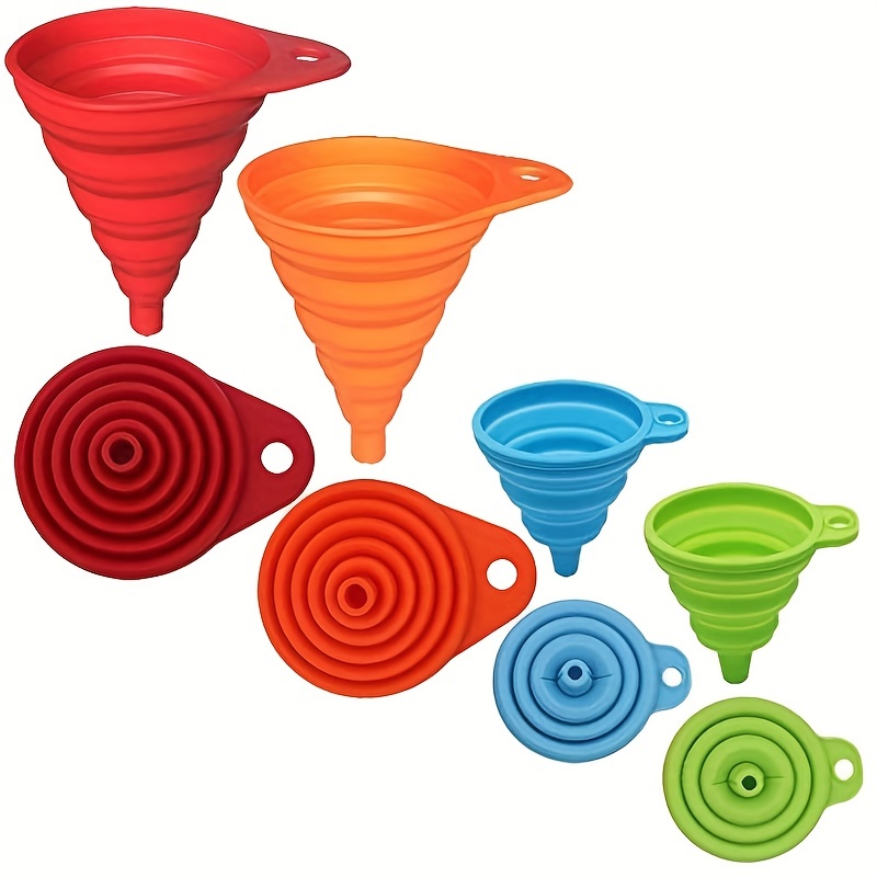 Funnels-collapsible-silicone-set-filling-small-bottles, Set Of Four,  Foldable