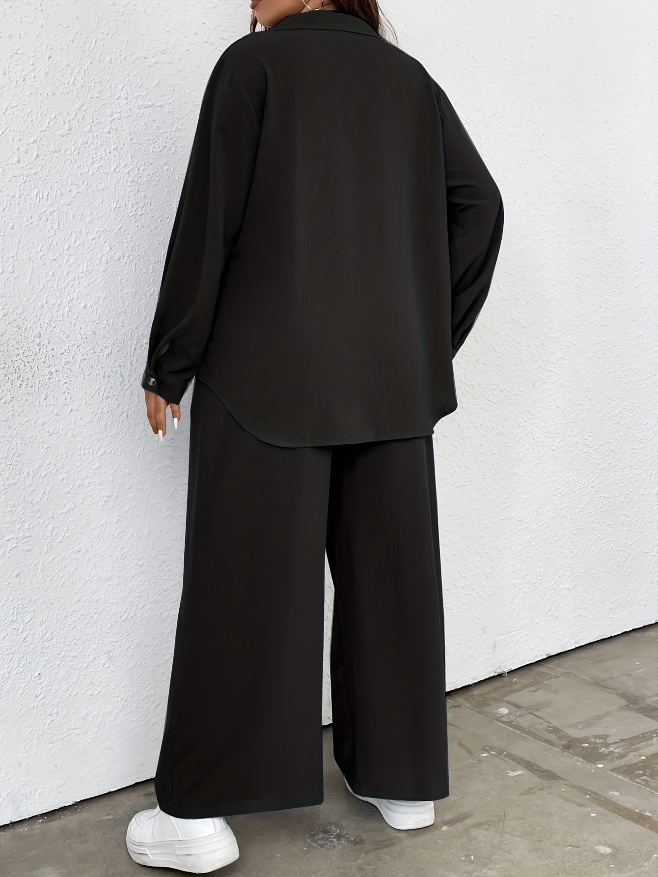 Casual Outfits Two Piece Set Solid Button Up Blouse & Wide Leg Pants