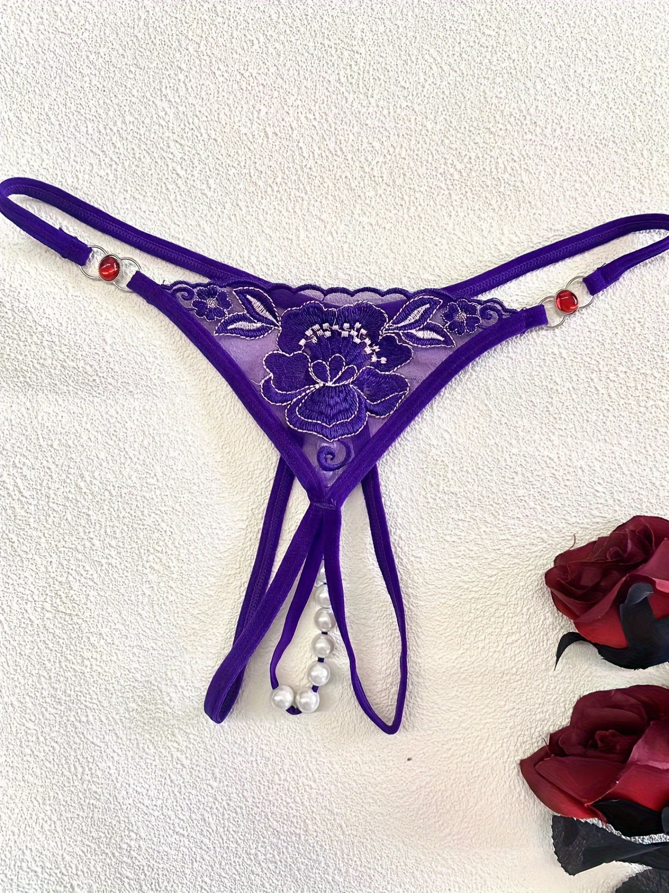 ZZMMSSGG Embroidery Flower Pearl Panties Open Crotch Love Heart Transparent  Thongs Underwear For Women Lingerie : : Fashion