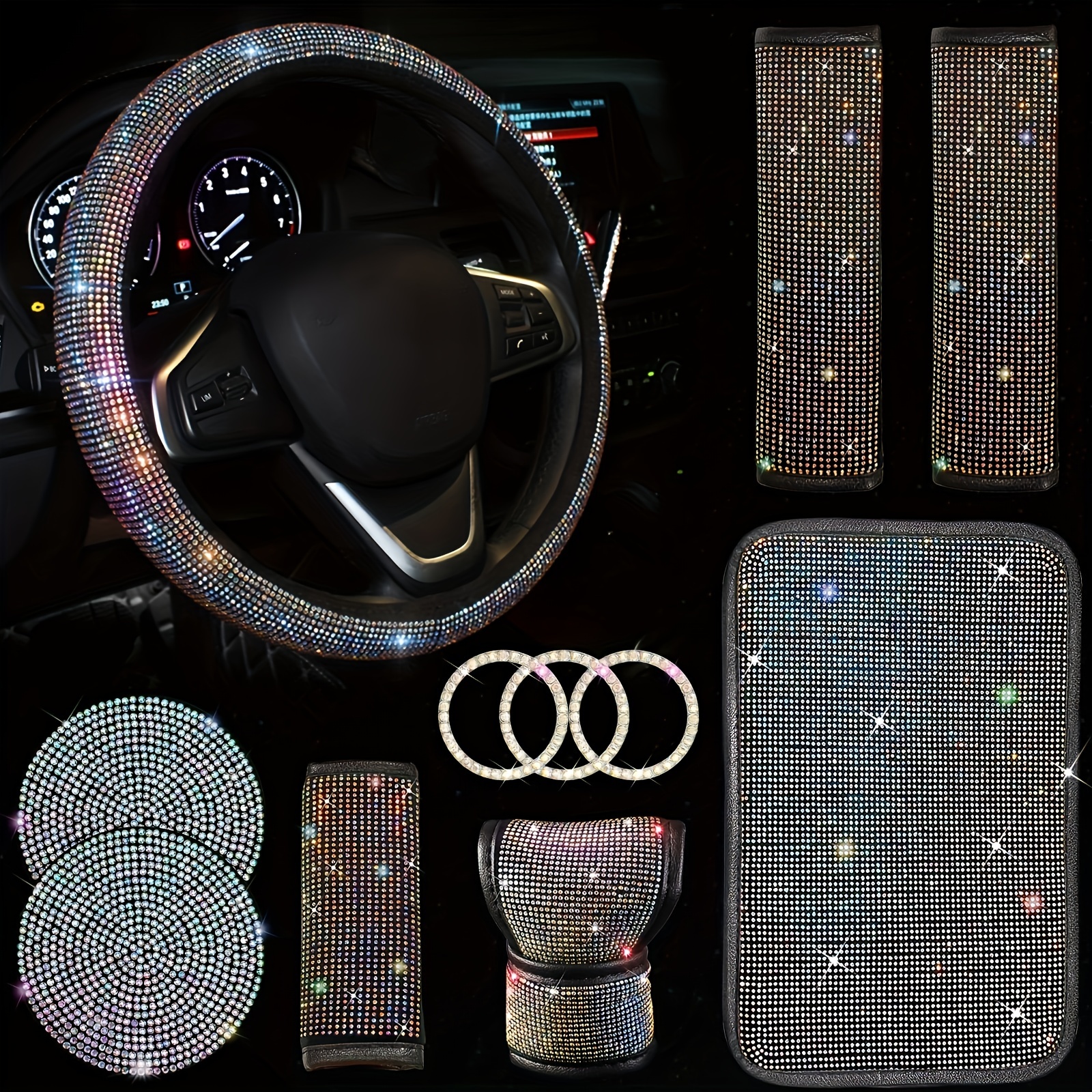 7pcs Bling Car Accessories Women Bling Steering Wheel Cover Bling Car  Coasters Bling Car Armrest Box Mat Ring Emblem Sticker Gear Shift Cover, Today's Best Daily Deals