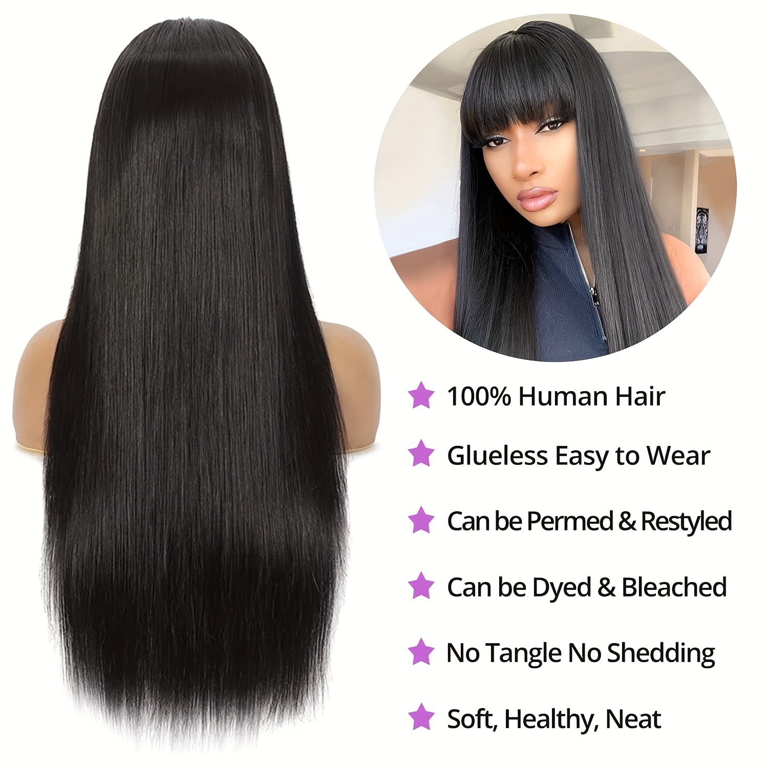 Brazilian Virgin Human Hair Wig With Transparent Lace Front And Bangs 130 Density Glueless Natural Color Unprocessed Perfect For Women Who Wan