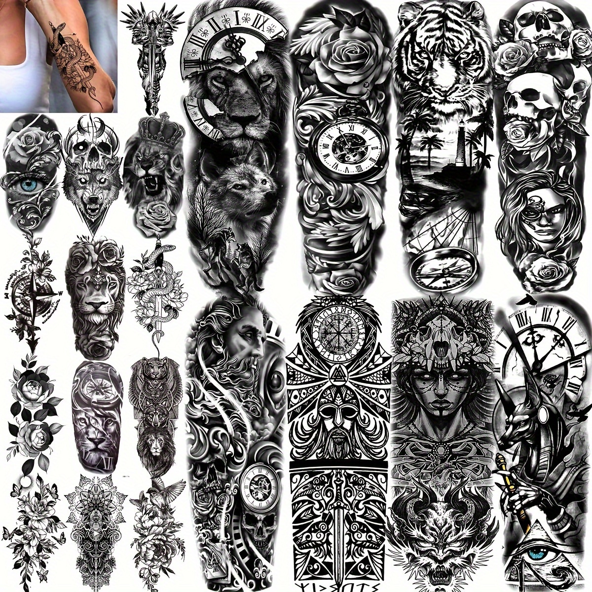 42 Sheets Temporary Tattoos Stickers (Include 10 Sheets Large Stickers),  Fake Body Arm Chest Shoulder Tattoos for Men and Women 42 Sheets
