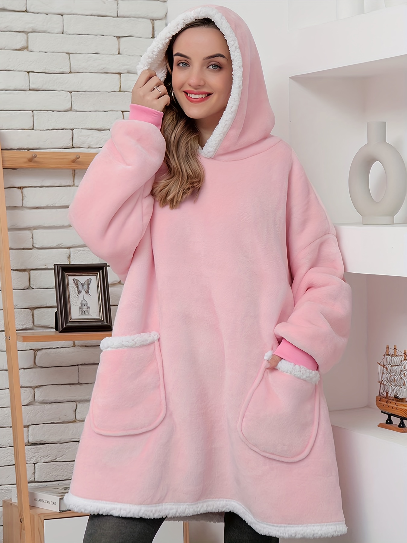 Suéter con capucha para mujer, manta polar de gran tamaño con