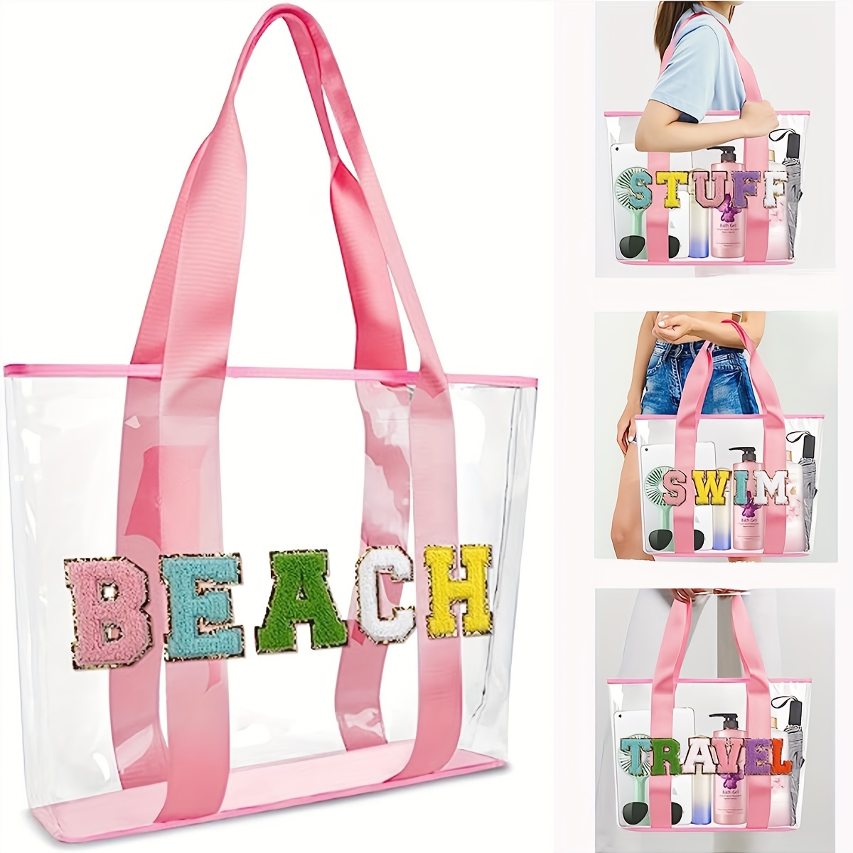 

Chenille Letter Patch Tote Bag, Clear Pvc Pink Shoulder Bag, Women's Fashion Handbag & Purse For Beach, Travel