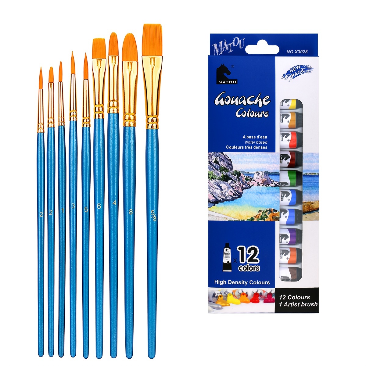 New Gouache Paint Set 12 Bright Colors 10 Brush Brushes Non - Temu
