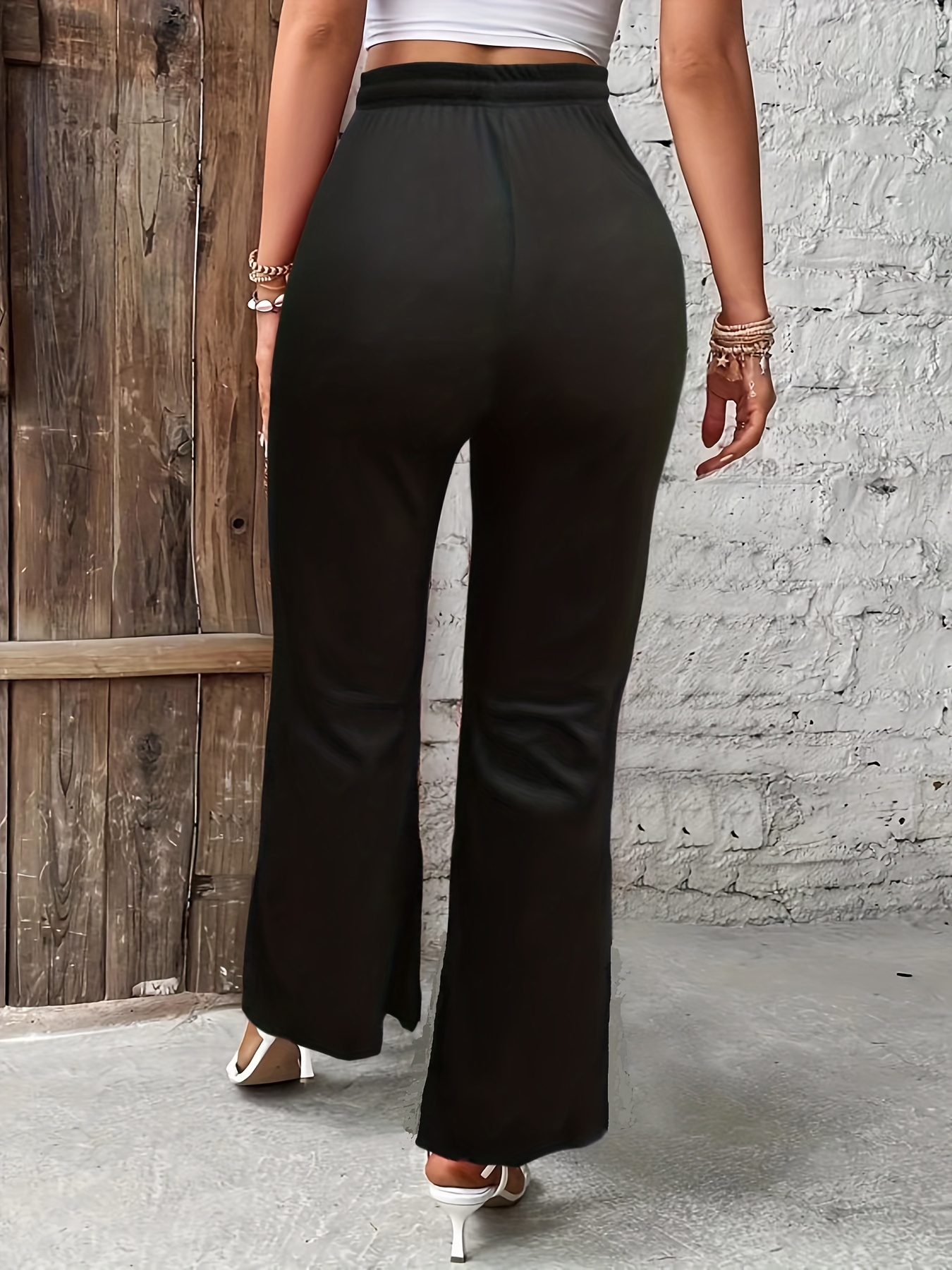 Plus Size Women Plain Drawstring Elastic Waist Pants Straight Leg Trousers  Bottoms