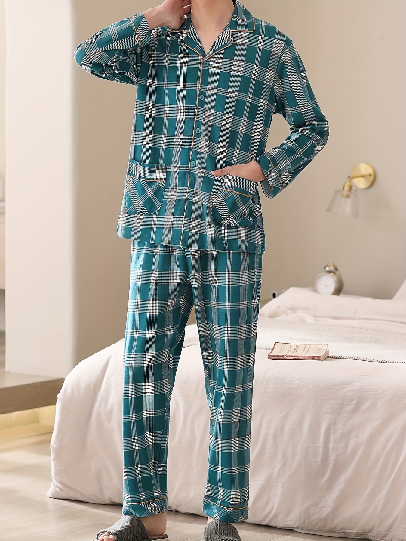 Ropa De Dormir Para Hombre, Conjunto De Pijamas De Algodón De Manga Larga  Para Otoño, Ropa