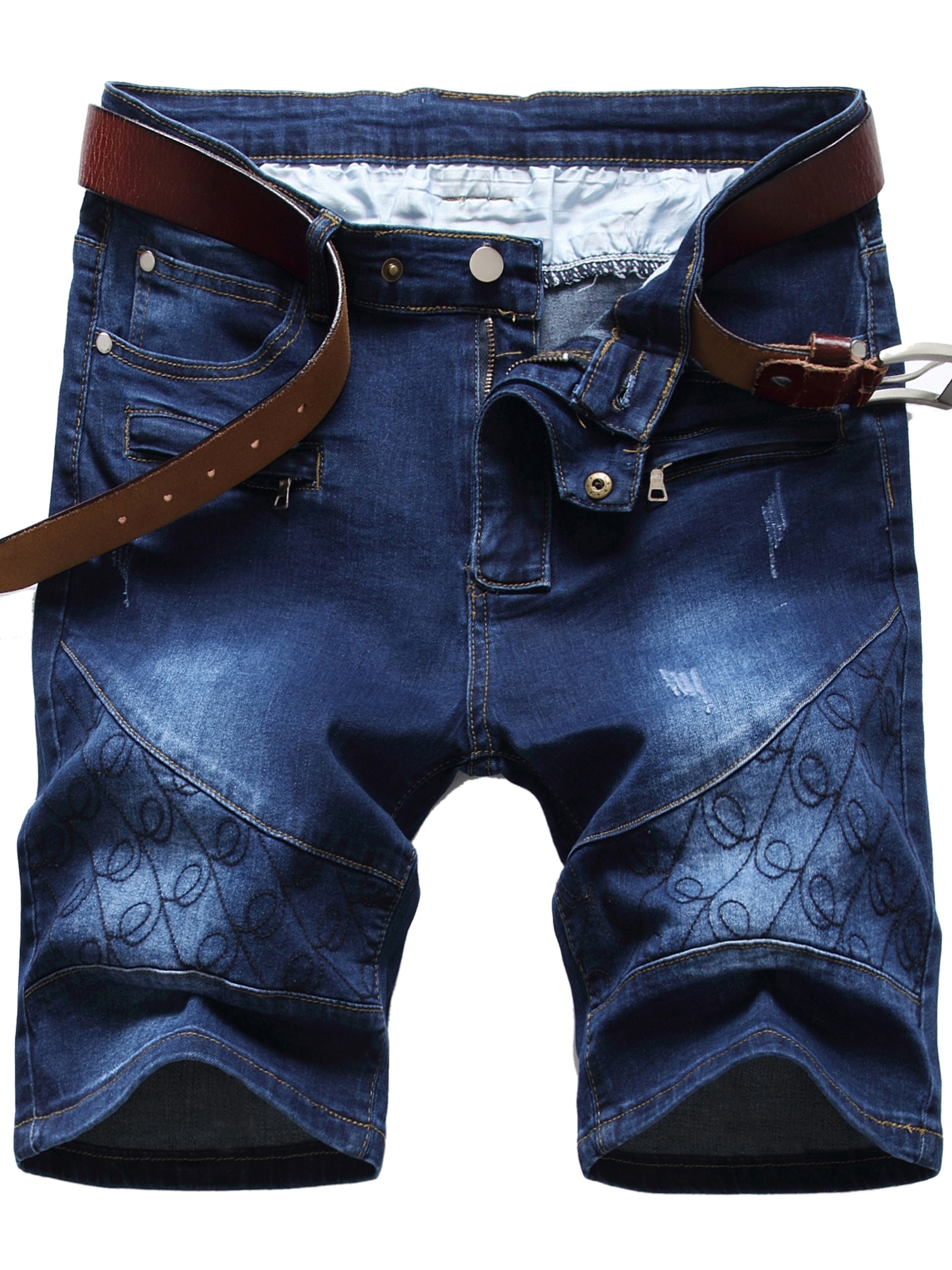 Street Style loose fit Denim Shorts, Men's Casual Street Style Embroidery  Capri Pants