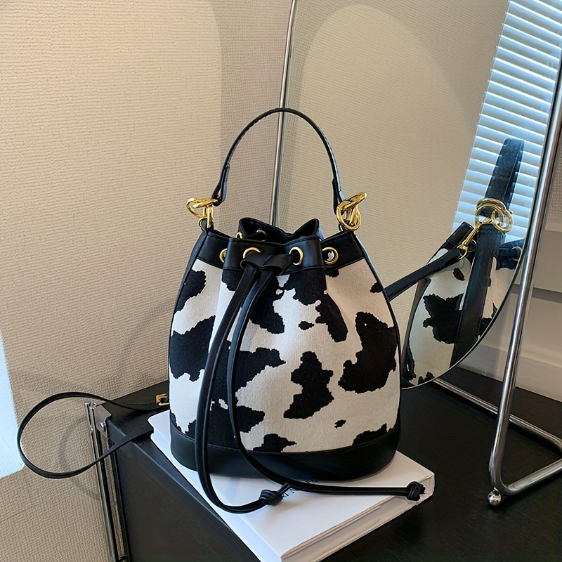Cow Print Canvas Bucket Bag, Drawstring Design Crossbody Bag