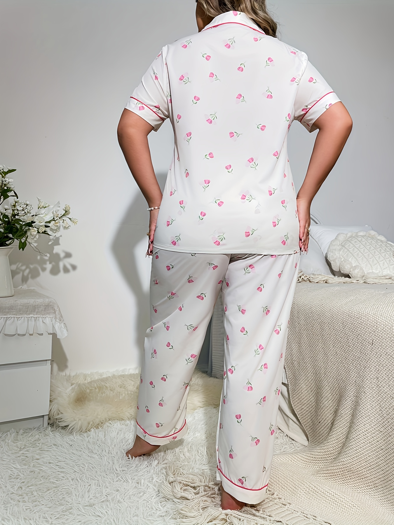 Tulip Print Pajama Set Short Sleeve Button Up Shirt & Pants
