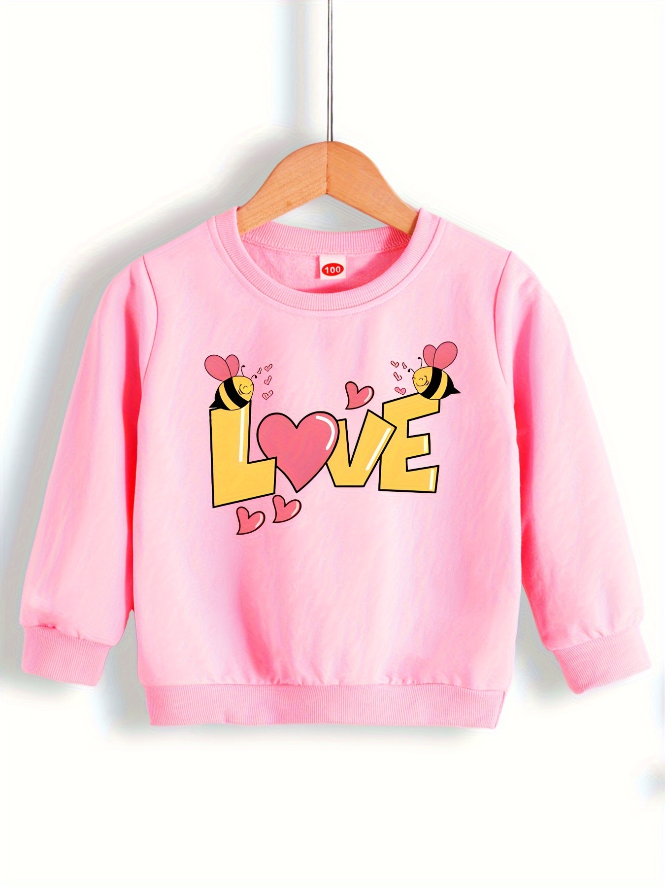 Cute Loving Bee Print Girls Casual Long Sleeve Round Neck - Temu