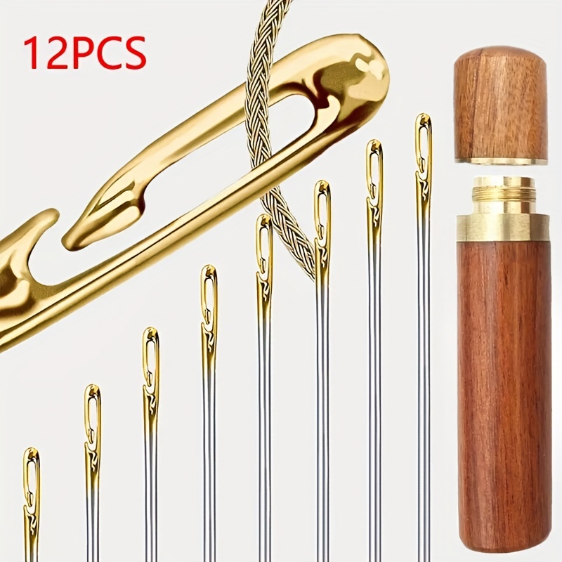 

12pcs Self-threading Golden Tail Needles, Stainless Steel Hand Needle With Wooden Storage Case For Clothing Diy And Threading Art Supplies
