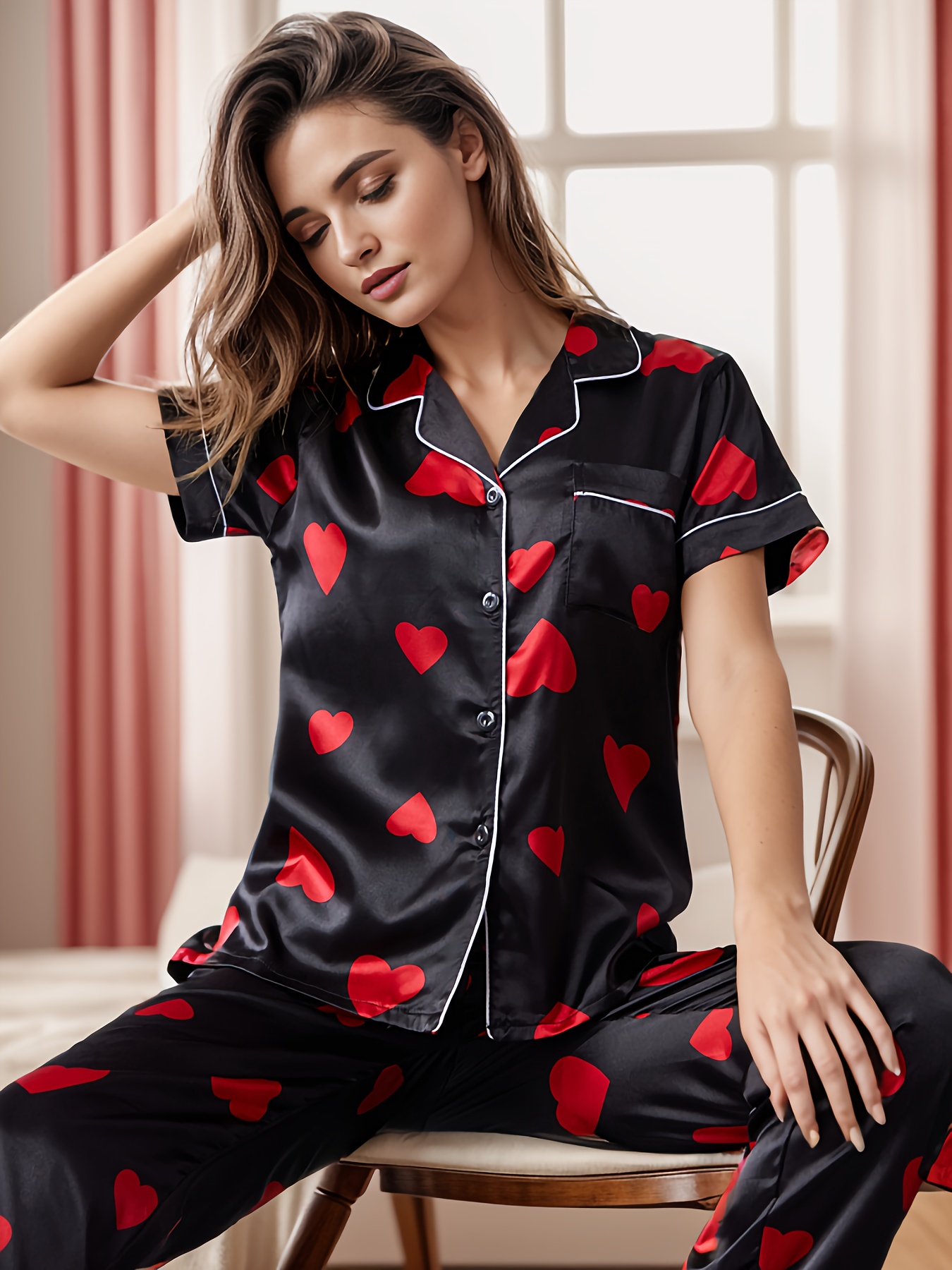 Cute Heart Pattern Comfortable Pajamas Set Red Satin Button - Temu
