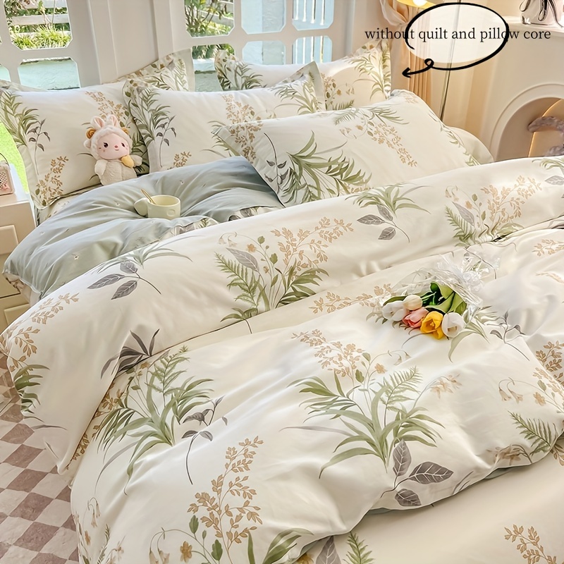 100% Cotton Fresh Floral Green Duvet Cover,Bedding Set With Flowers,Skin  Friendly Breathable,1