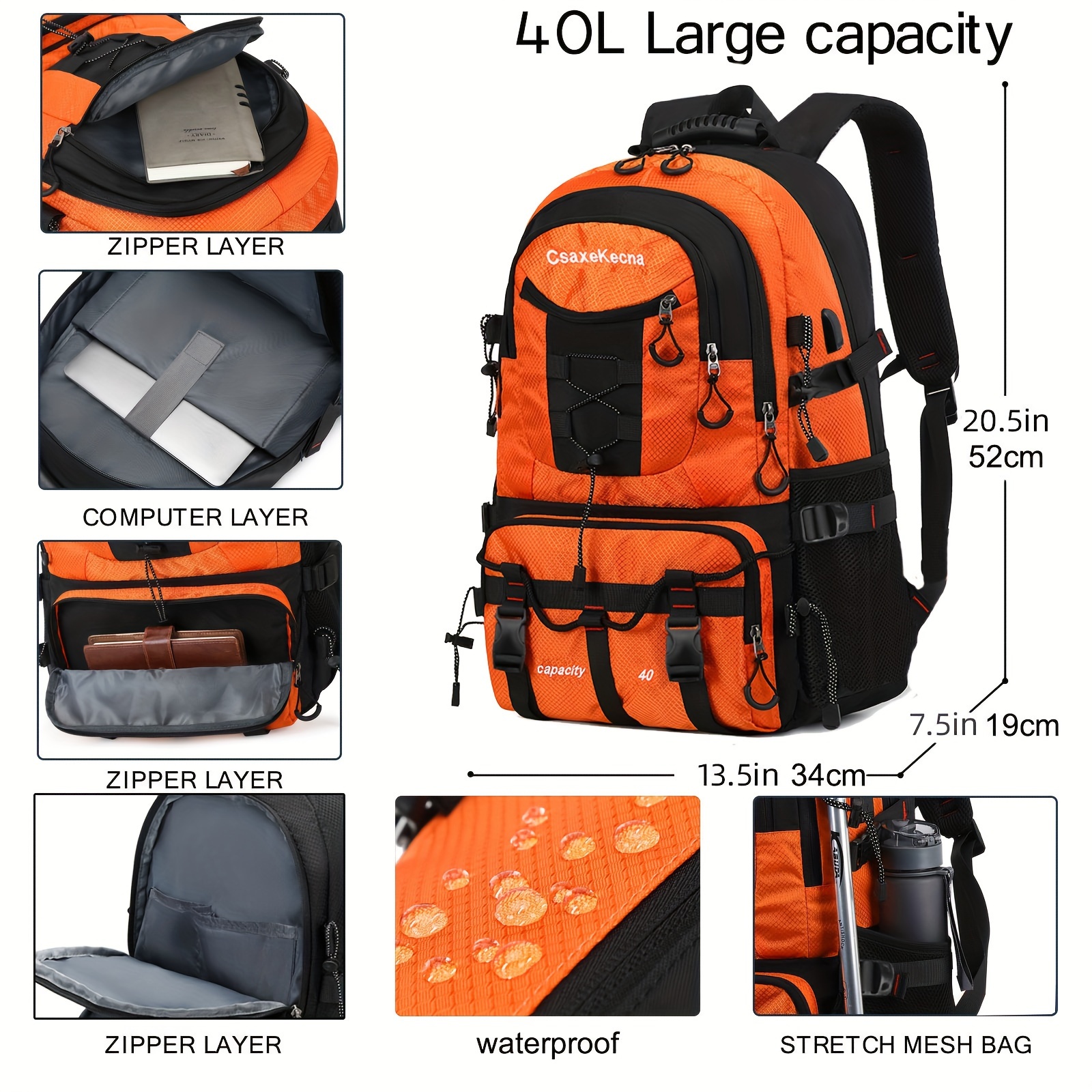  Mochila de senderismo de 40 L con bolsillos laterales, mochila  impermeable, mochila de campamento y escalada con múltiples compartimentos,  para exteriores : Deportes y Actividades al Aire Libre