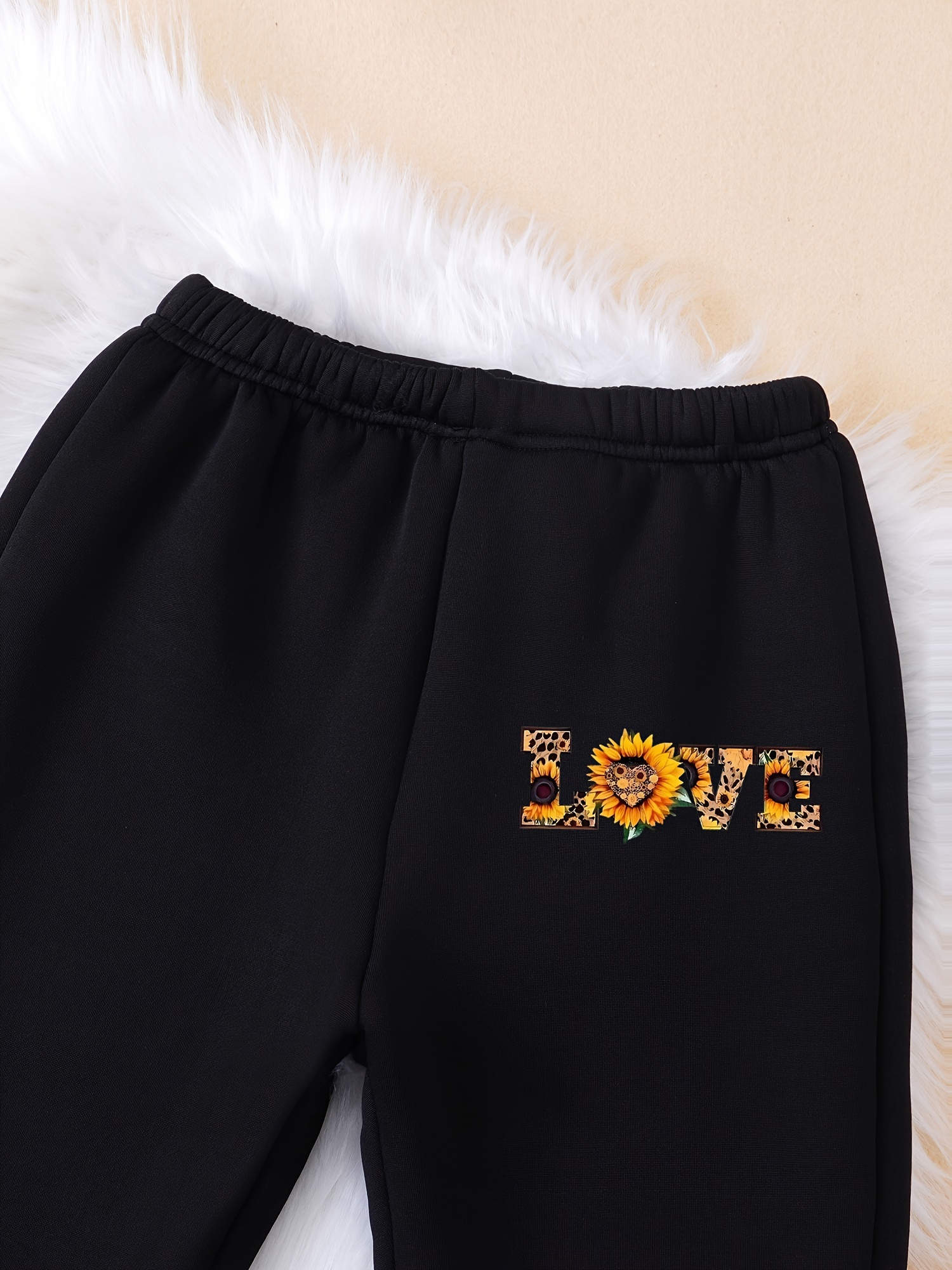 Love Sunflower Graphic Girls Flare Leg Pants Slim Fit - Temu