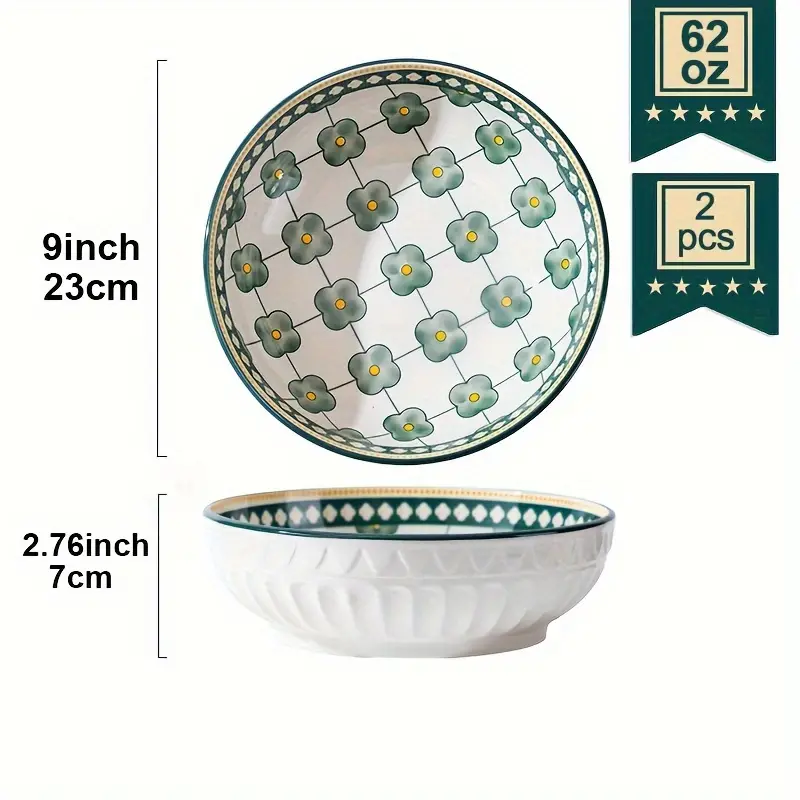2pcs 9inch Large Salad Bowls, Mixing Bowl 62 OZ Super Stackable Round Fine  Porcelain Cereal Pasta Serving Bowl Sets, Microwavable Ceramic Bowls, Heat