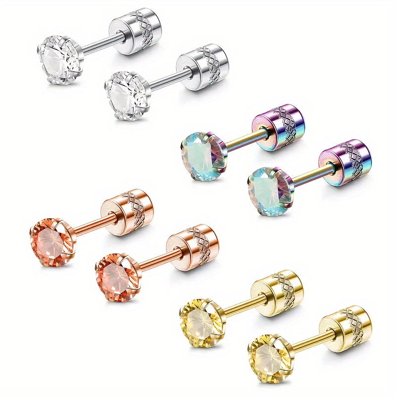 Flat Back Stud Earrings Stainless Steel Zircon Stud Earrings - Temu