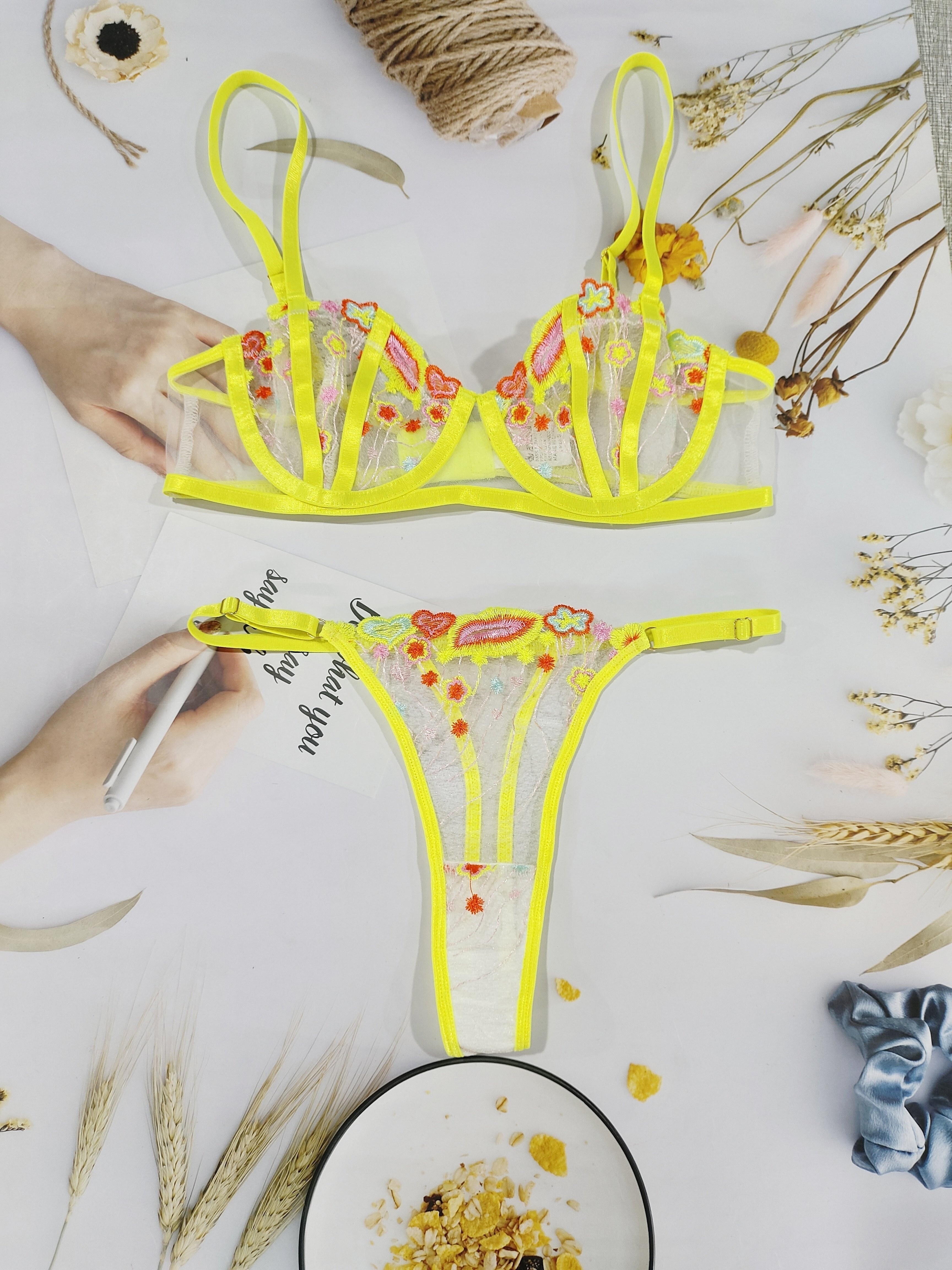 Embroidered Floral Mesh Lingerie Set - Yellow Size - Medium WAS-$7,500  NOW-$5,500 * ✿Feature: This matching bra and thong set fea