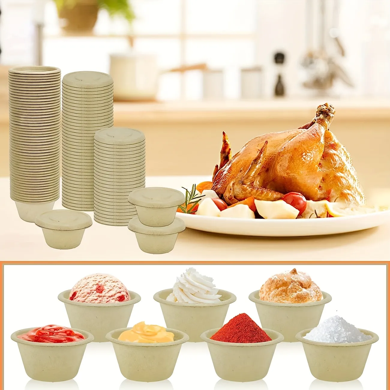 50/100個の天然バガスファイバー調味料カップ（蓋付き）、堆肥化可能なソース調味料容器、使い捨て紙皿サンプルカップ、調理済み食品やスナックの試食に使用されます。  全員に割引 Temu Japan