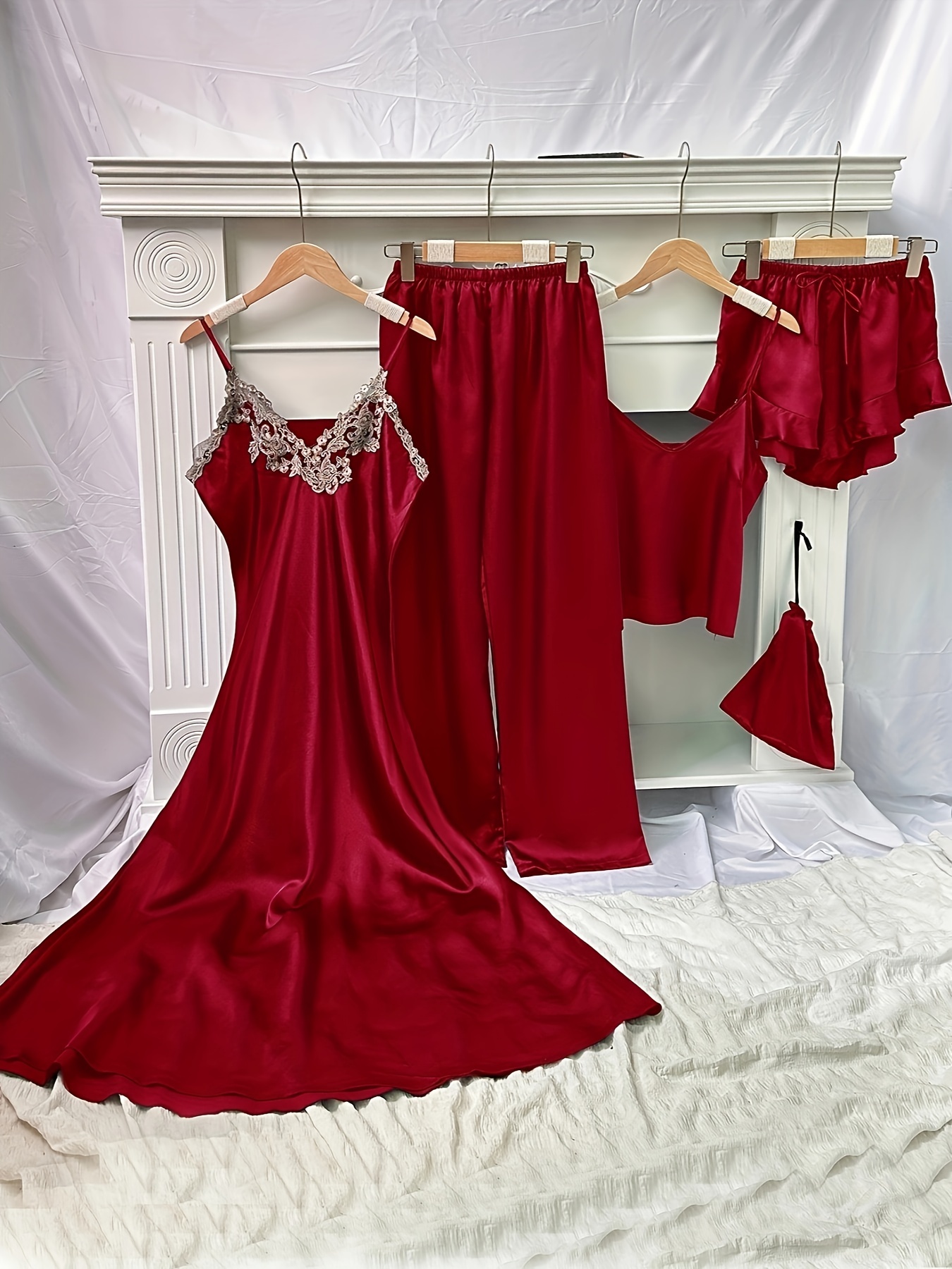 Unique Bargains Women's Satin Lace Pretty Trim Sleepwear Nightgown