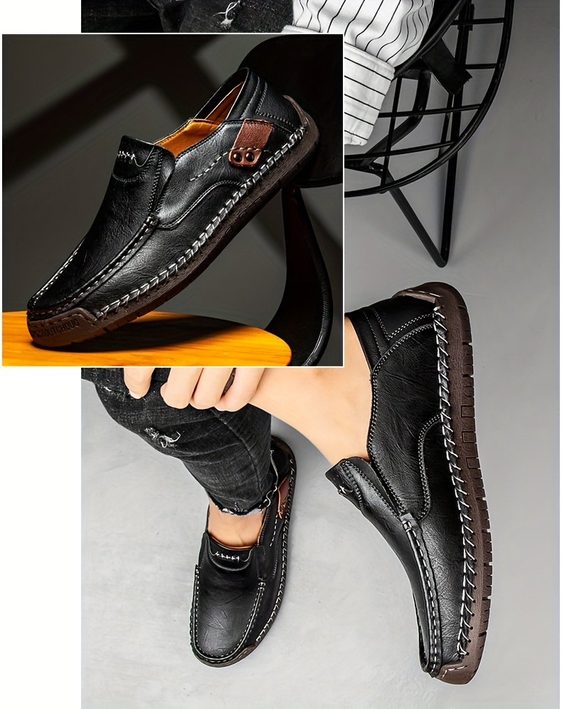 Mens Loafer Shoes Round Toe Lightweight Non Slip Slip On Leather Dress ...