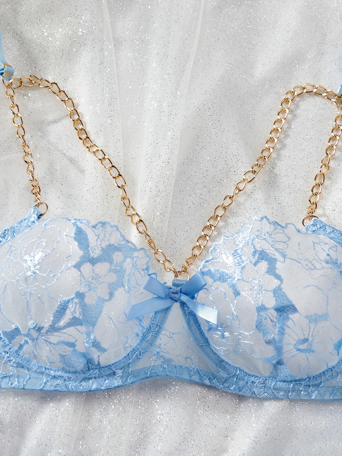 Creamy blue small chest gathered bow knot bra set lace edge ice