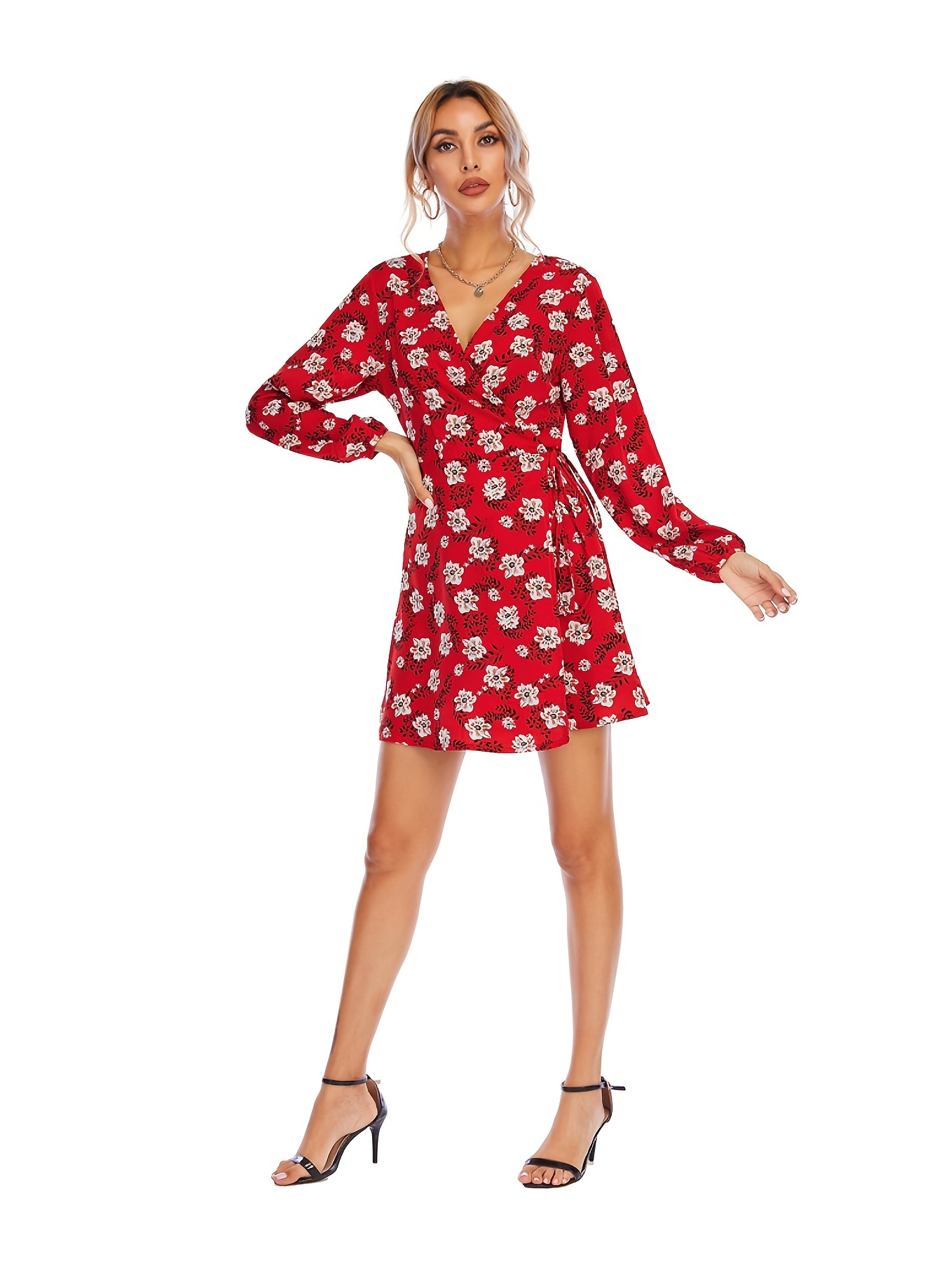 floral print v neck dress long sleeve casual every day dress for spring fall womens clothing