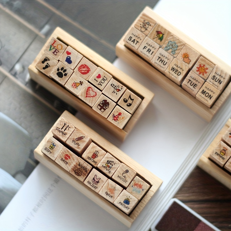 12Pcs Household Rubber Stamps Decorative Wooden Stamps Handcraft