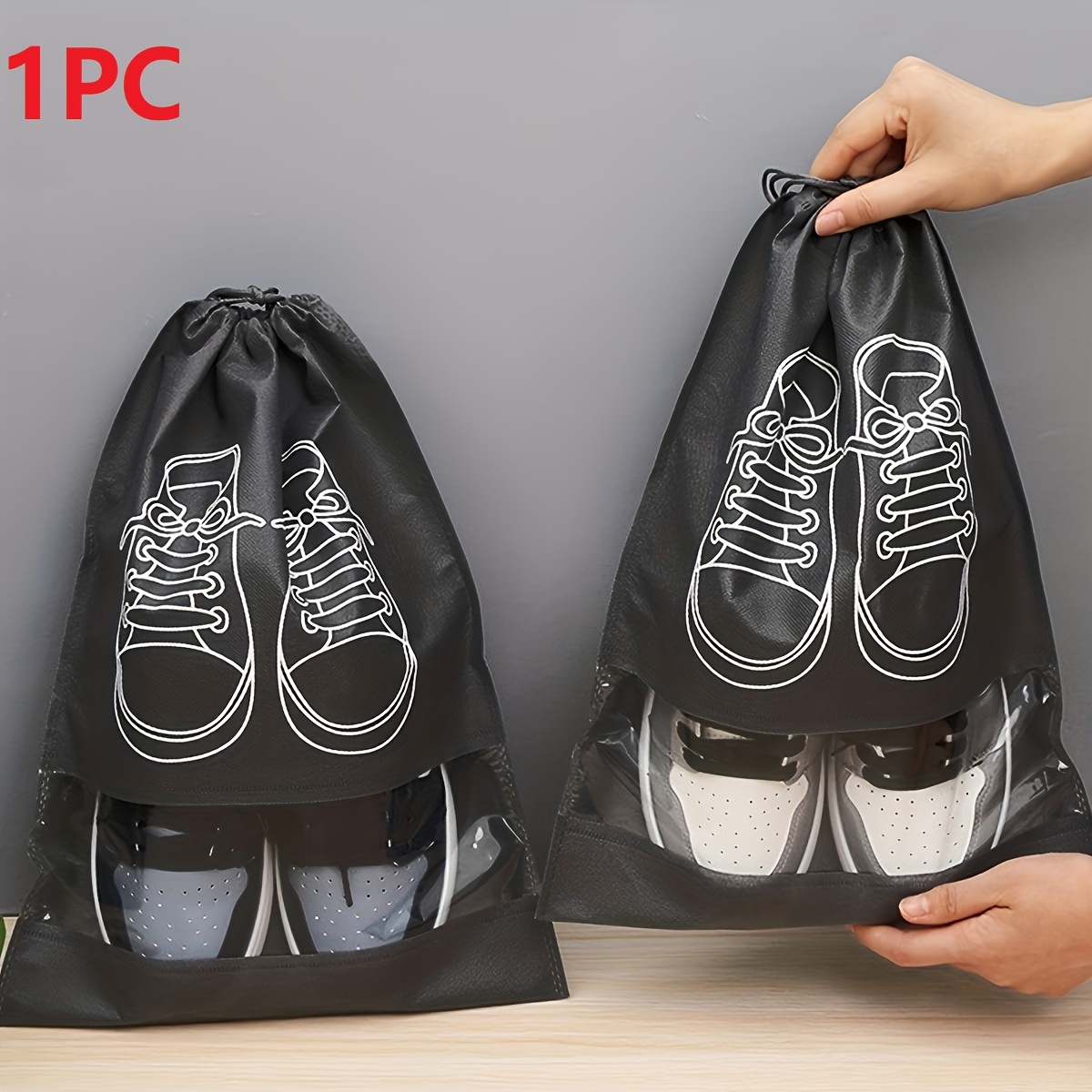 1pc Black Shoes Storage Bag, Minimalist Drawstring Non-woven