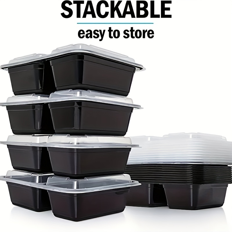 Microwavable Food Containers, 2-Compartment with Lids - Black