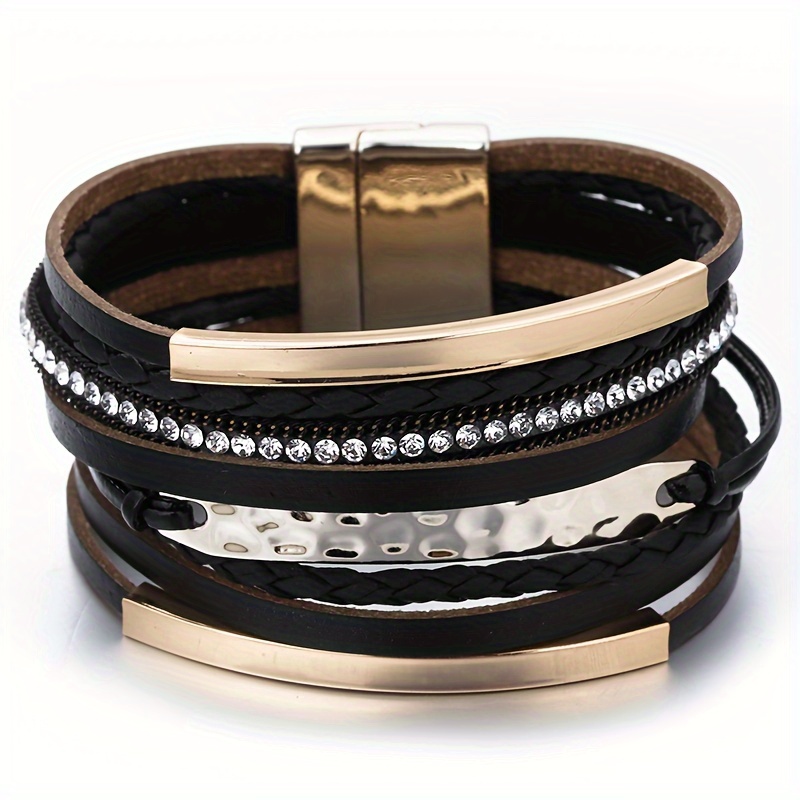 Image of 1pc Fashion Metal Bar Charm Faux Leather Bracelets For Women Men Vintage Boho Braided Rope Wide Multilayer Wrap Bracelet Female Jewelry
