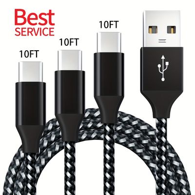 usb type c cable 3packs 10ft 6 6ft 3 3ft fast charging 3a rapid charger cable type c to a cable compatible with samsung galaxy s10 s9 s8 plus nylon braided fast charging cable for note 10 9 8 lg v50 v40 g8 g7