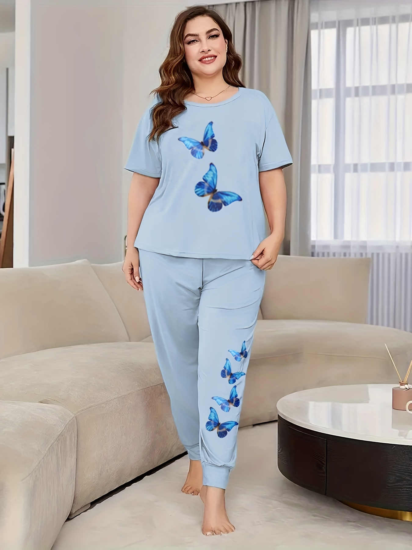 Plus Size Casual Lounge Pants Women's Plus Butterfly Print - Temu