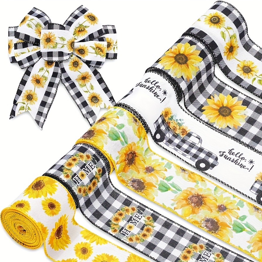 Flowers and Bees on Blue Gingham Ribbon
