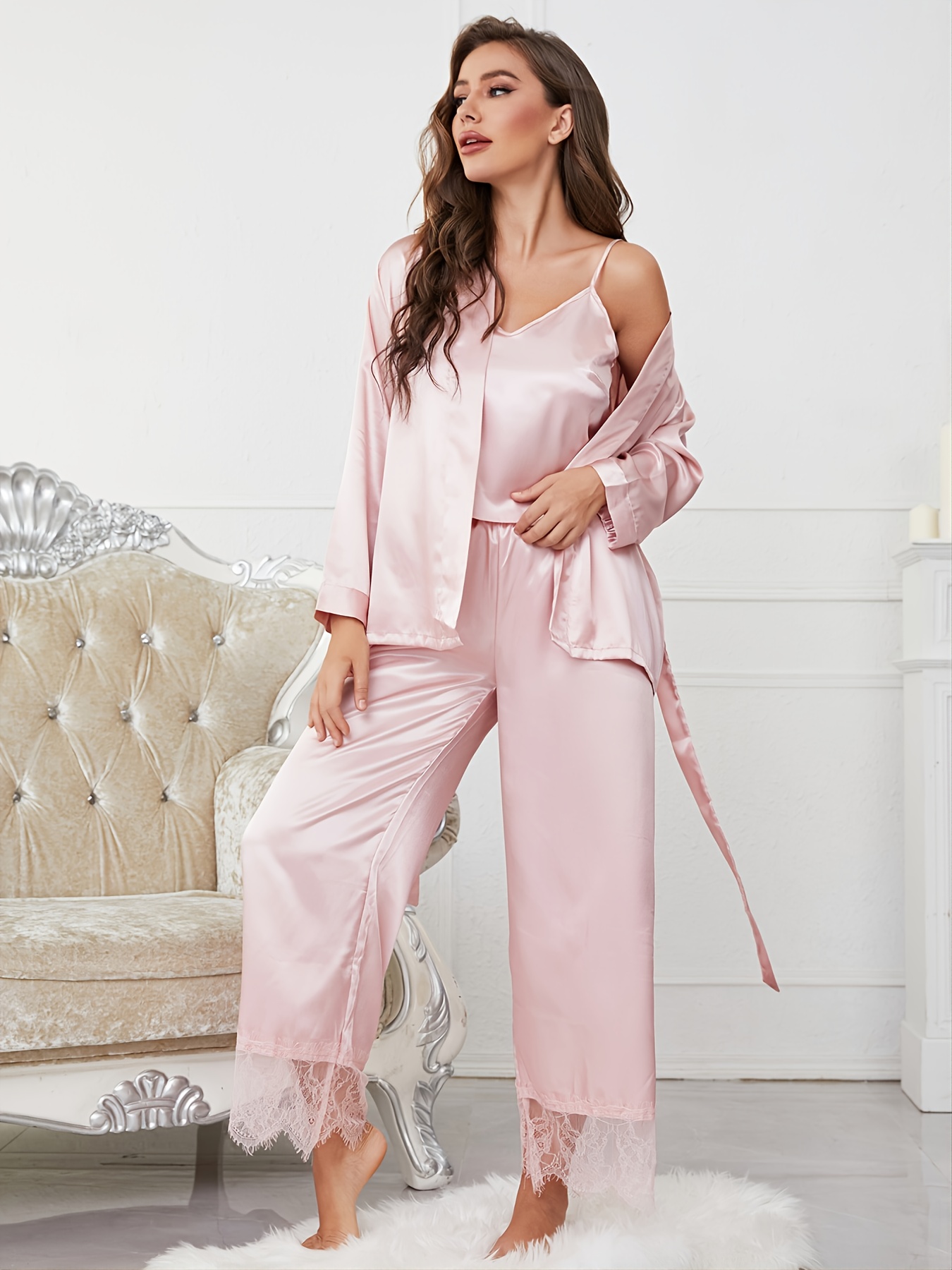 Solid Pajama Set Long Sleeve Robe + Cami Top + Lounge Pants - Temu