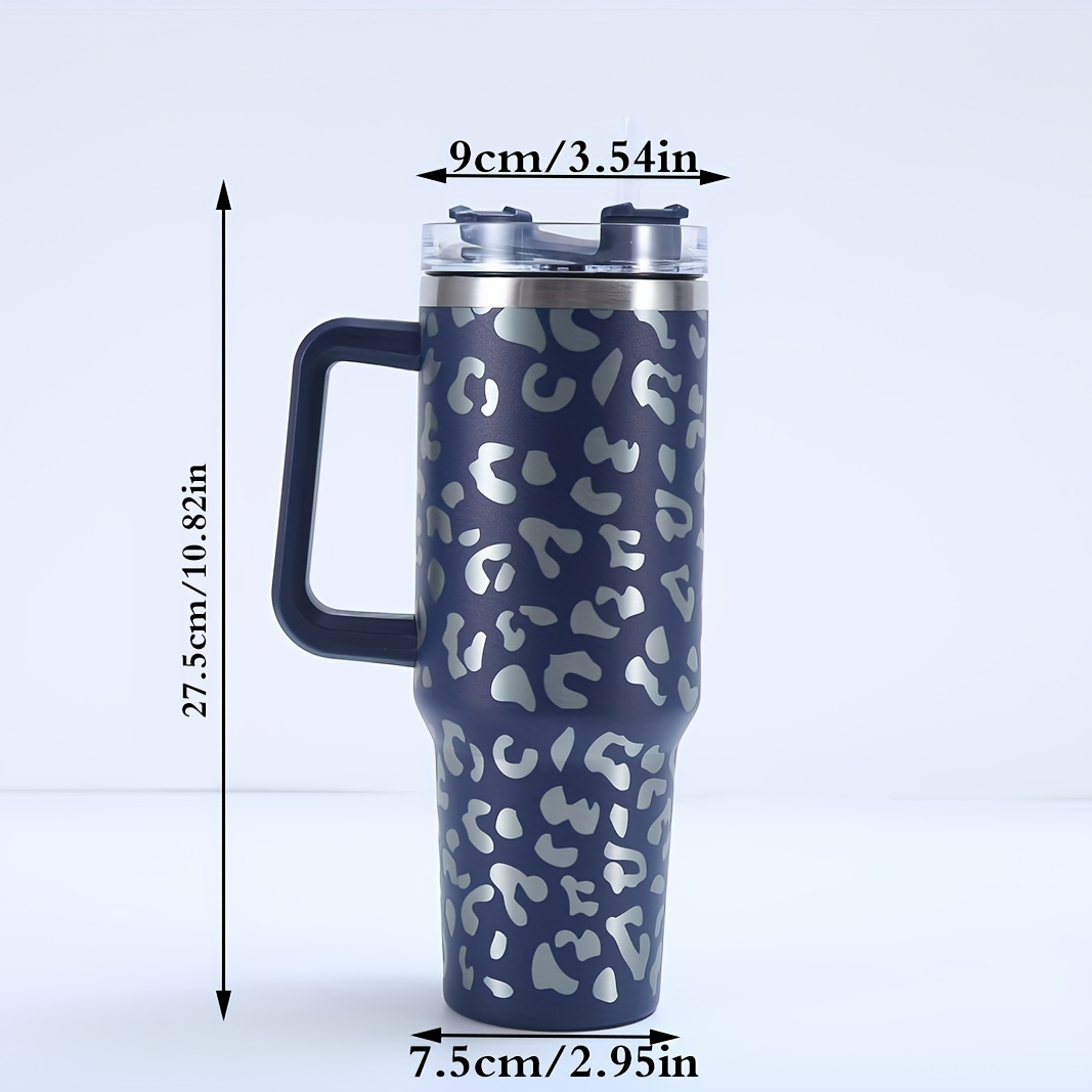 40oz Leopard Print Car Cup Handle Straw Cup Vacuum Tumbler