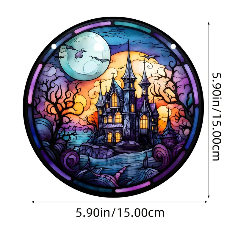 1pc halloween moon castles stained suncatcher halloween window hanging fall decor home decor party gifts for halloween wreath sign details 9