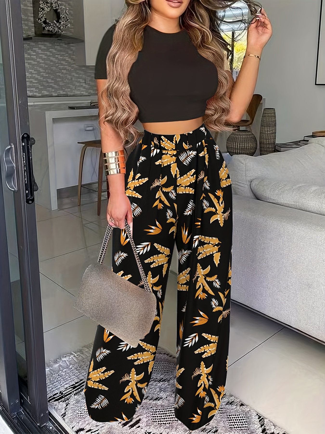 Casual Two Piece Set Cropped Surplice Neck Solid Tops High - Temu