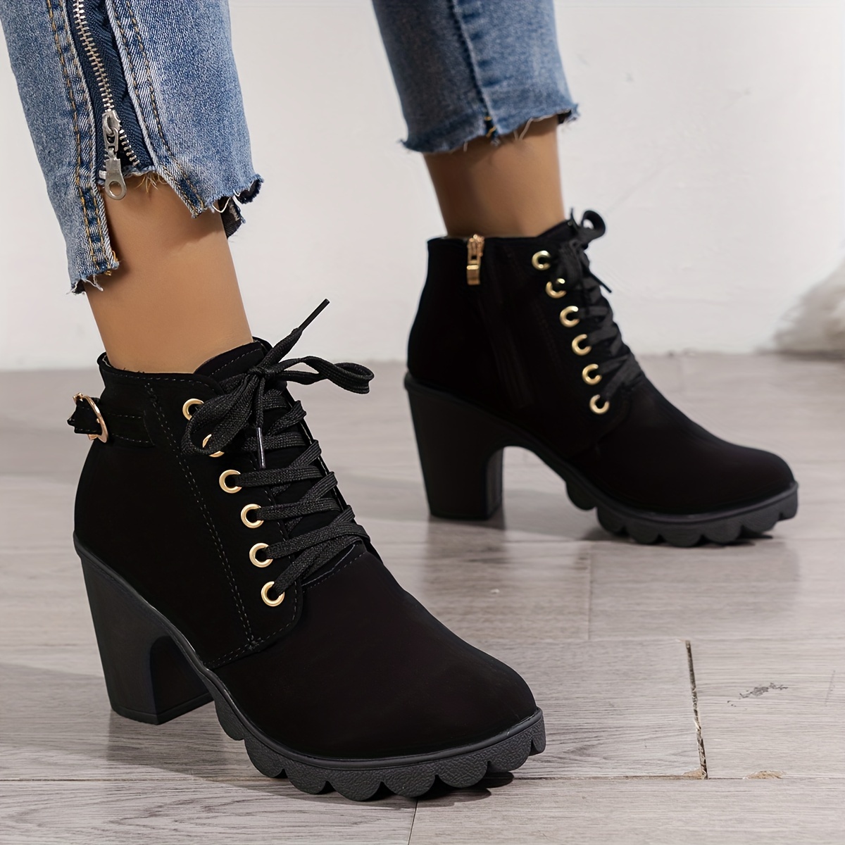 

Women's Solid Color Stylish Boots, Side Zipper Platform Soft Sole Chunky Heels, Lace Up Buckle Versatile Boots