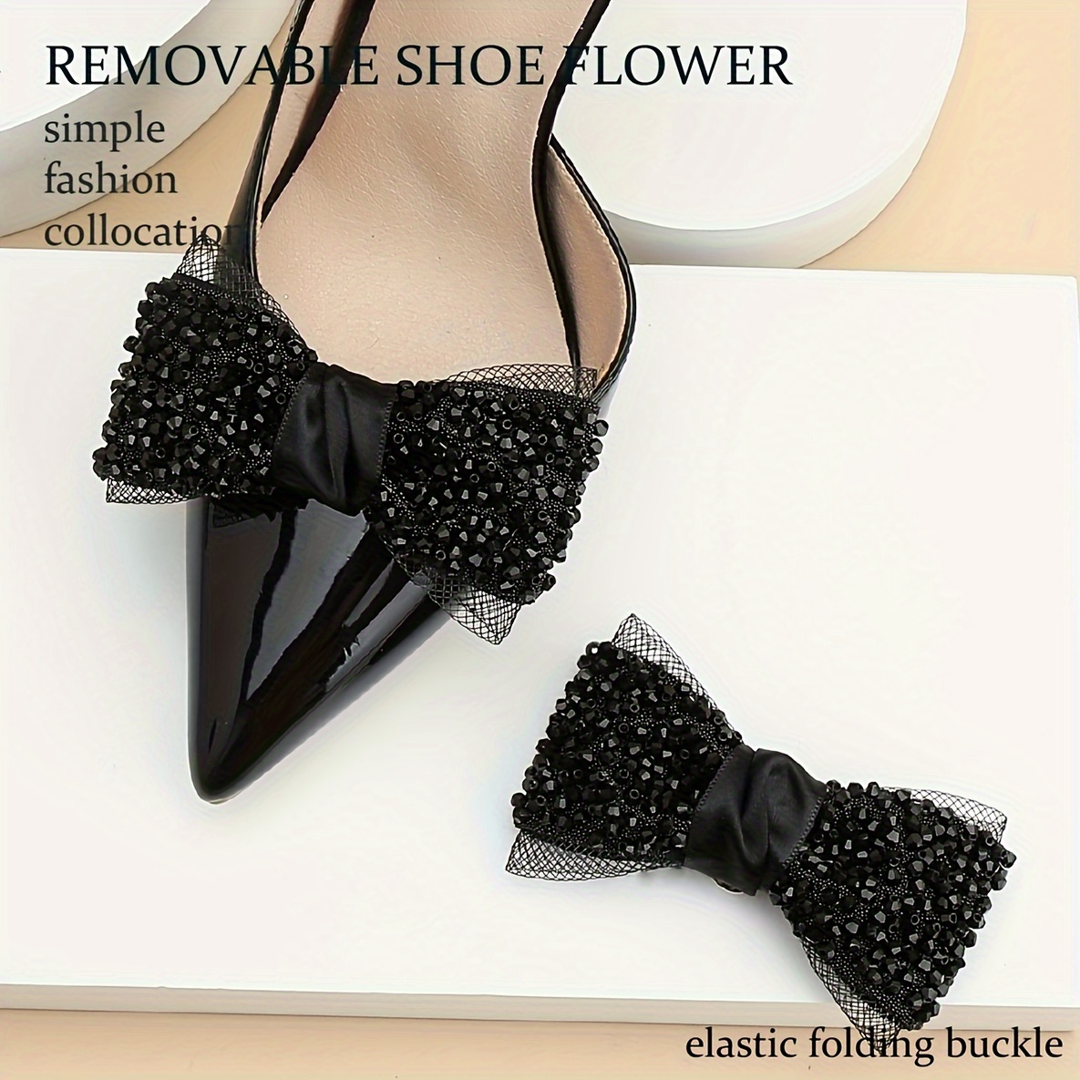 

2pcs Elegant Beaded Black Bow Design Detachable Shoe Buckles For High Heels Decoration, Nice Gift For Ladies Women