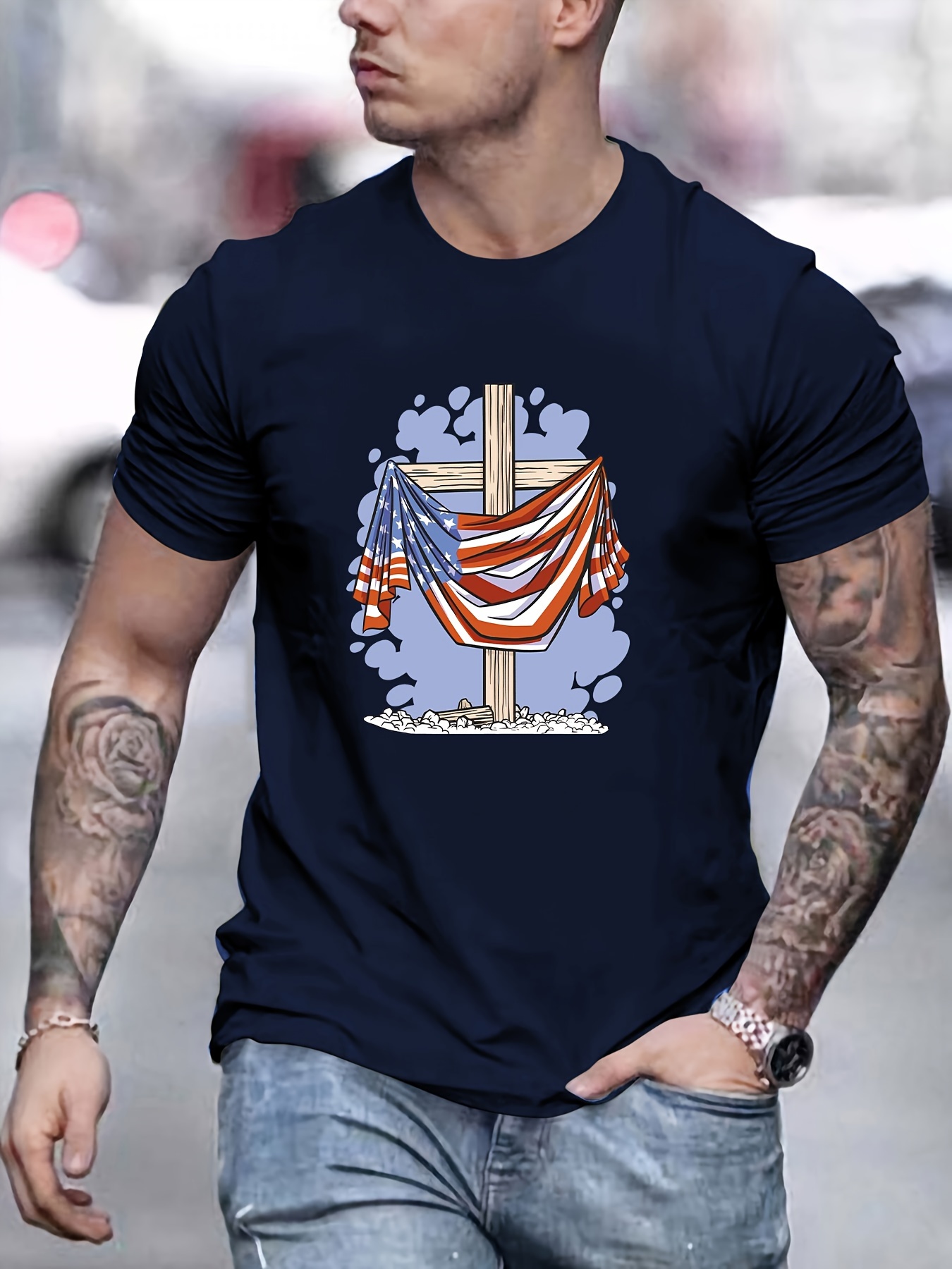 Patriotic American Flag Cross Print Casual T shirt Men - Temu