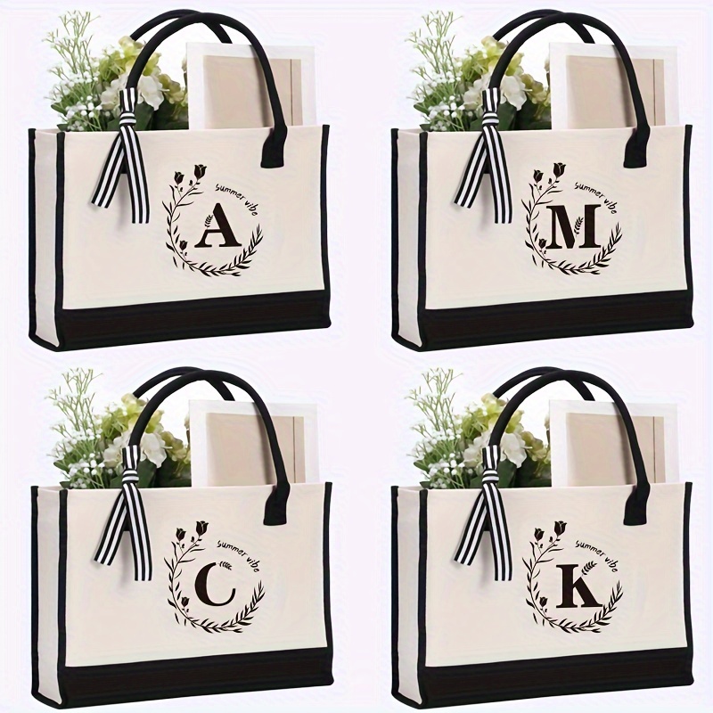  Mud Pie Classic Black and White Initial Canvas Tote