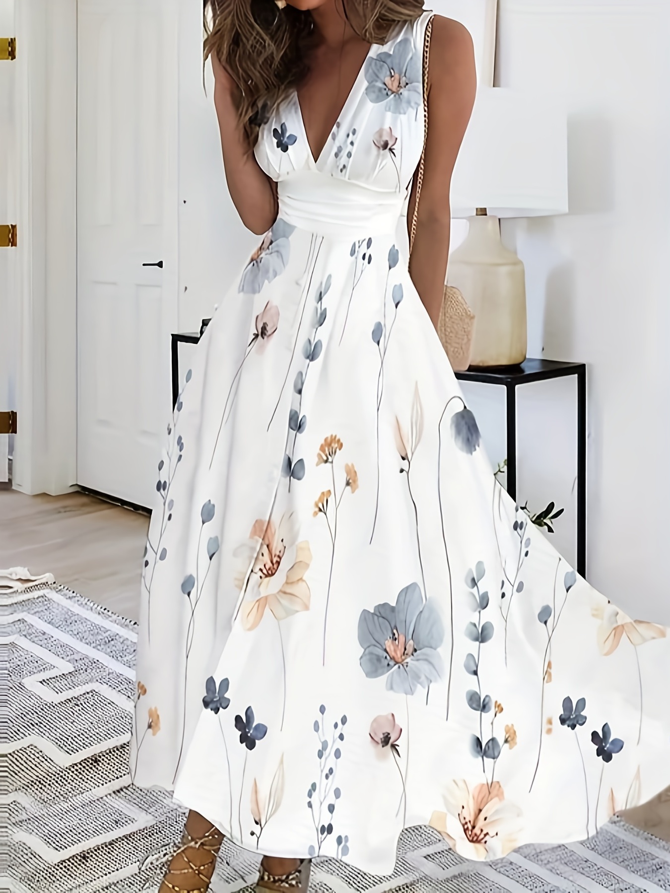 Spring Maxi Dresses For Women 2023 Printed V Neck Sleeveless