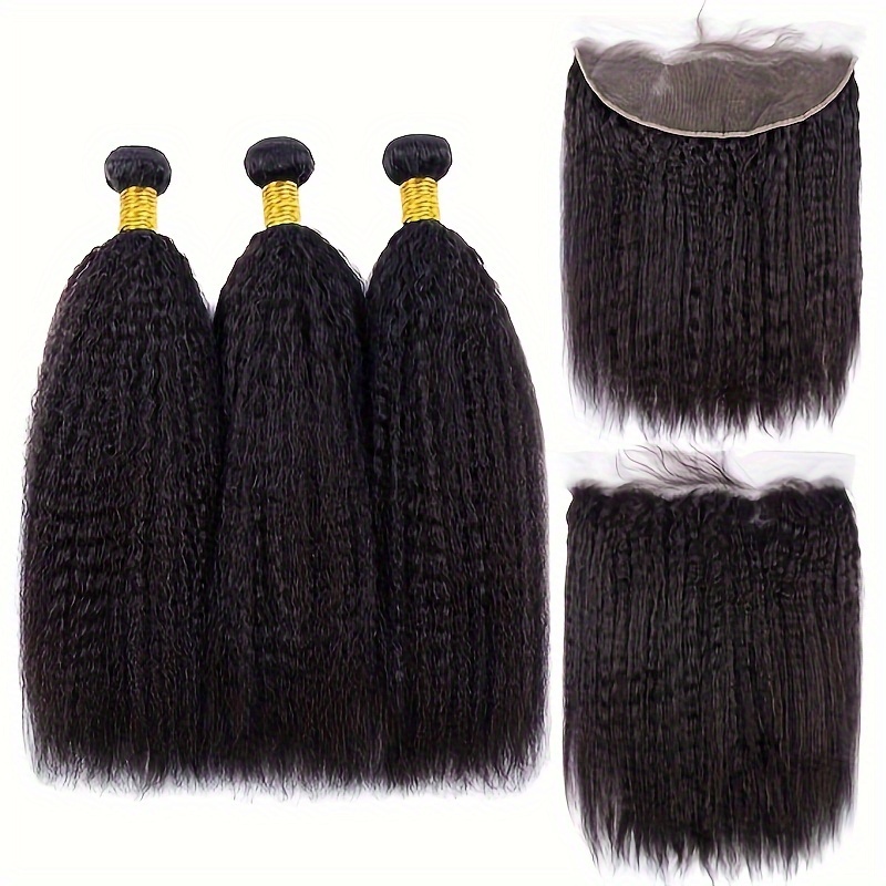 

Kinky Straight Bundles With 13x4 Frontal Brazilian Human Hair Unprocessed 9a Yaki Straight Virgin Hair 3 Bundles With Lace Closure Frontal Natural Color