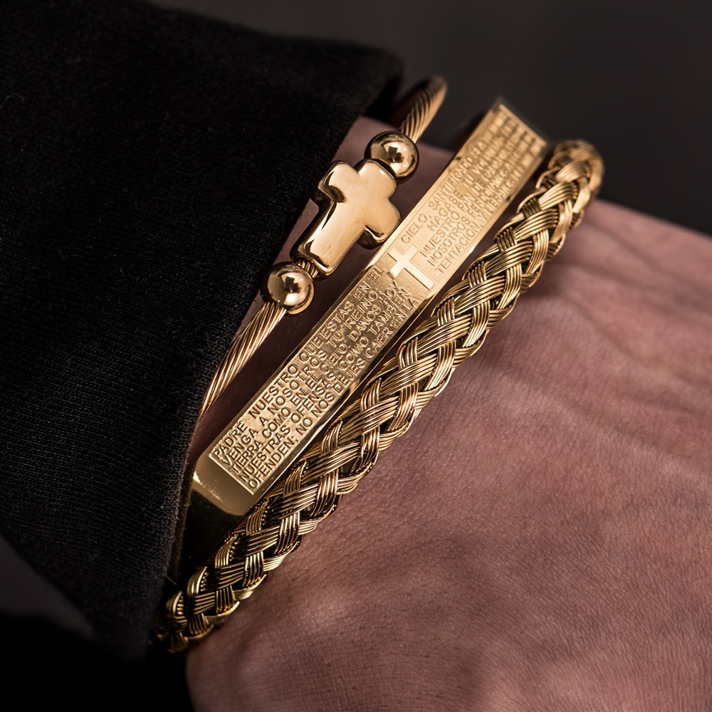 3pc Cross Bangle Stainless Steel Braided Elastic Bangle Set