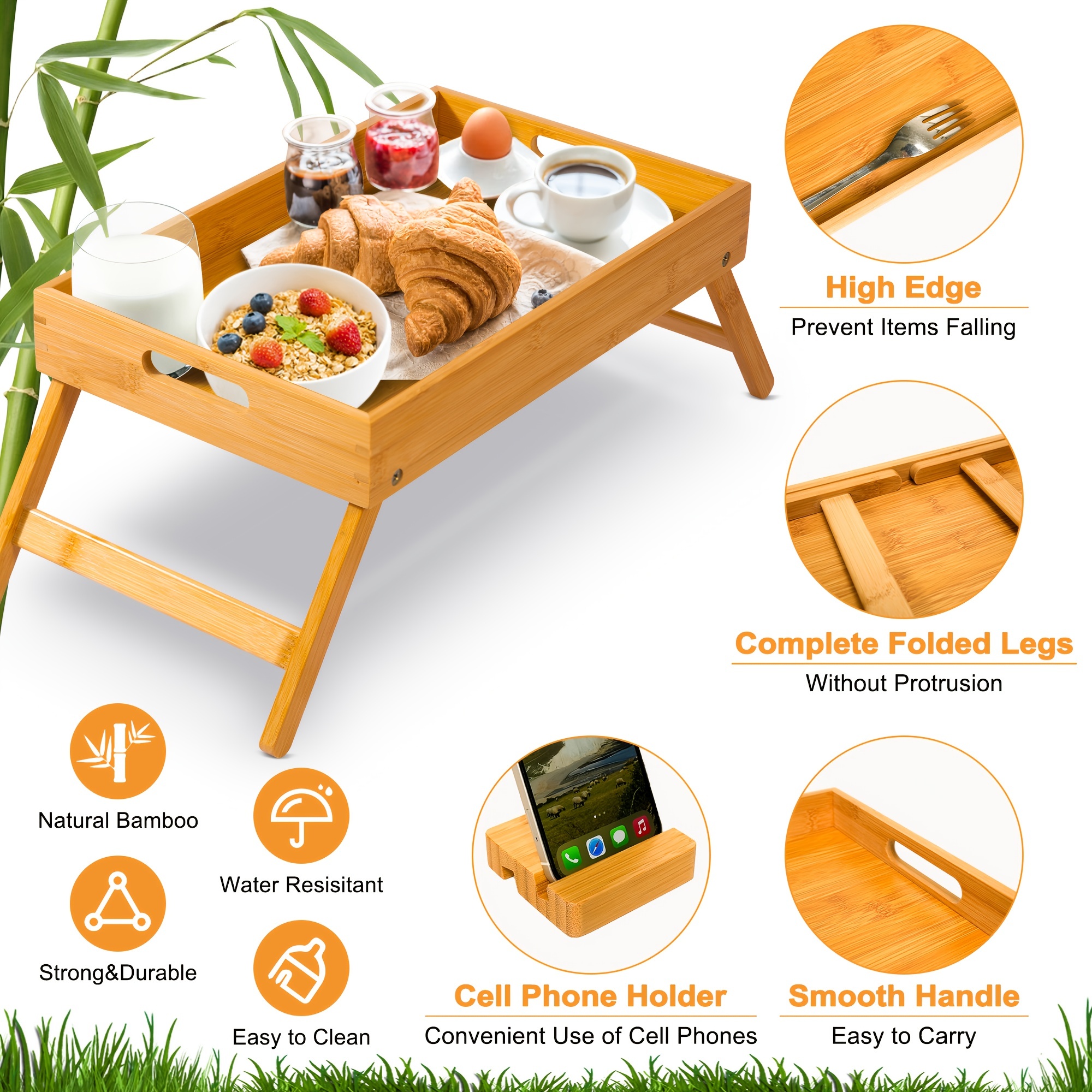 ESRW- Bandeja de cama de bambú con patas plegables y asas, bandeja de  desayuno para sofá, bandeja de servicio Padro, bandeja de cama, bandeja de