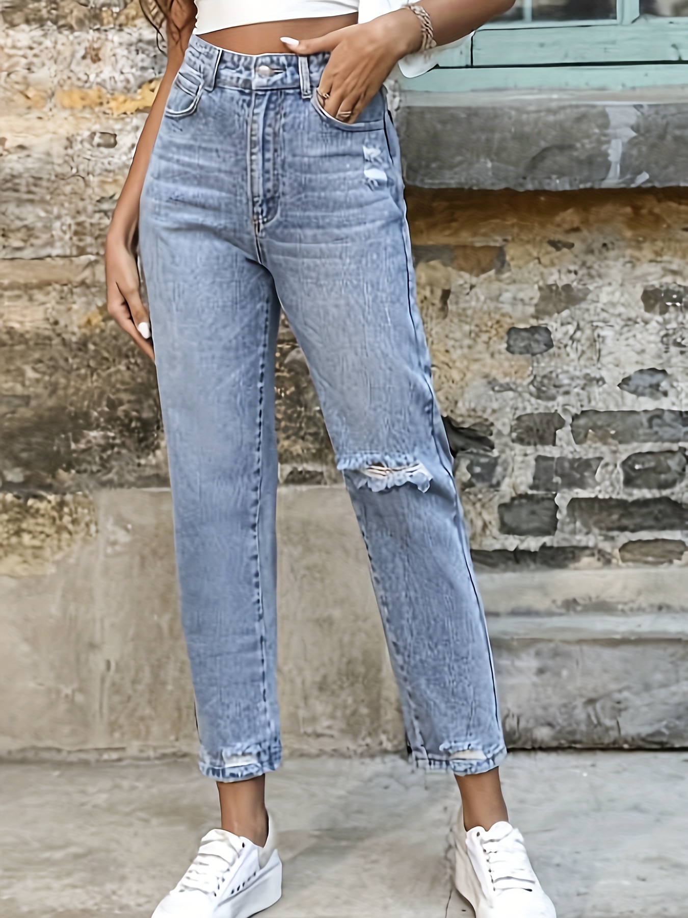 Loose Fit Versatile Mom Jeans, Slant Pockets Non-Stretch Casual Tapered  Jeans, Women's Denim Jeans & Clothing