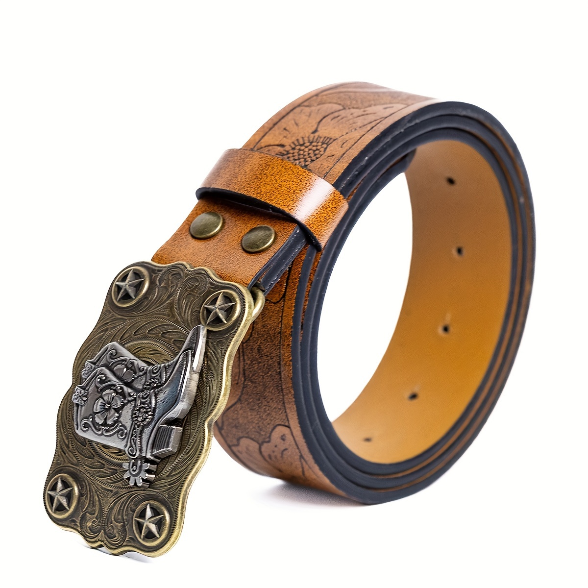 1pc Mens Retro Boots Pattern Buckle Pu Leather Belt Stylish Belt