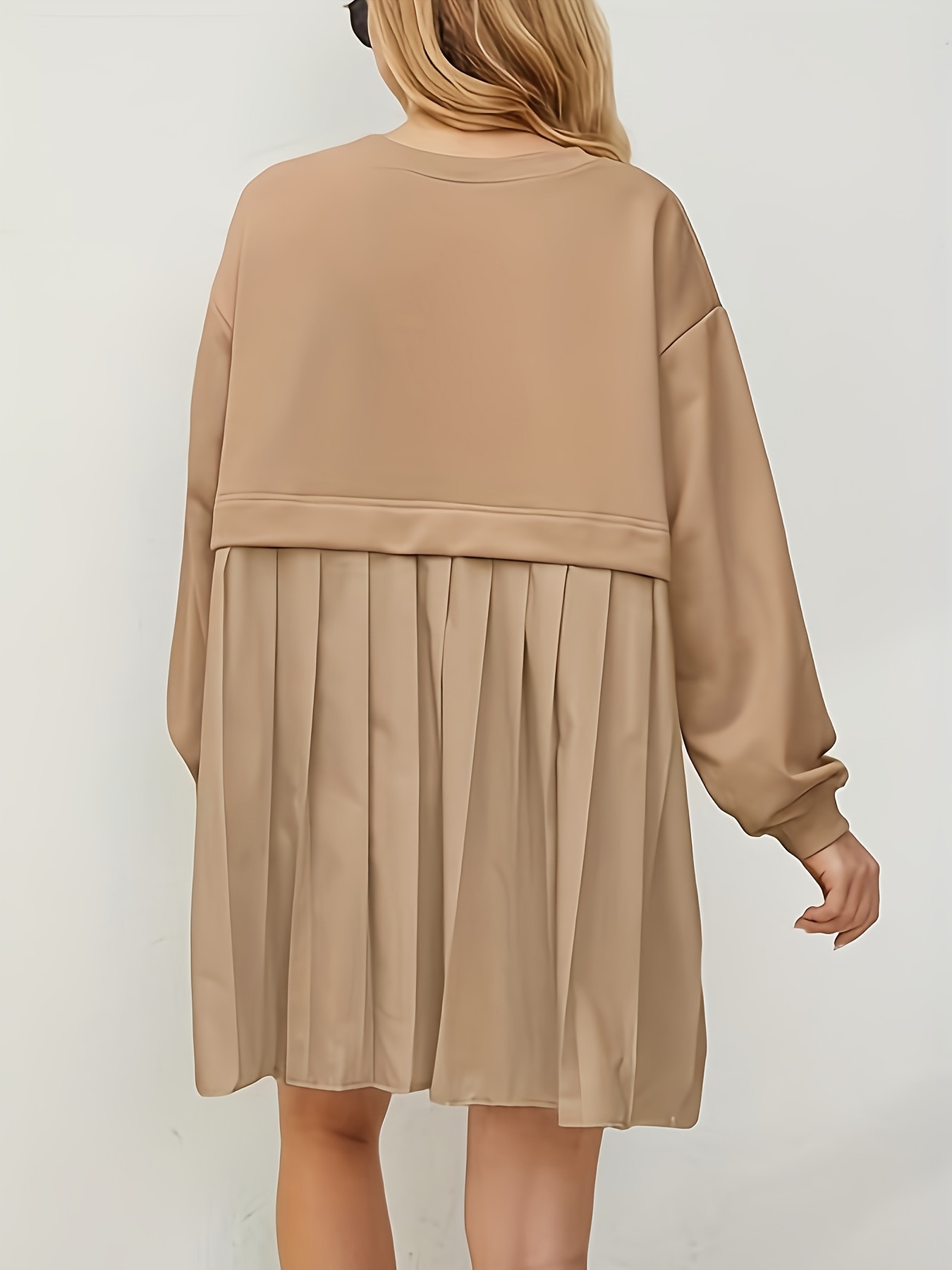 Drop Shoulder Solid Loose Dress Casual Pleated Long Sleeve - Temu